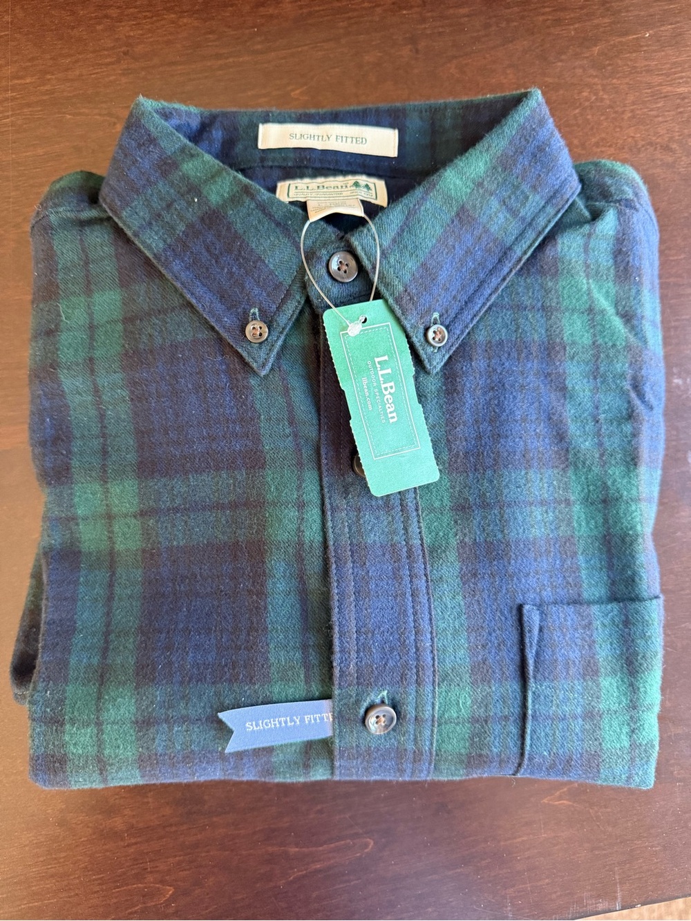 NWT L.L. Bean Green and Navy Plaid Button-Down Shirt